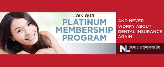 Smiling woman with text that says "Join our platinum membership program and never worry about dental insurance"